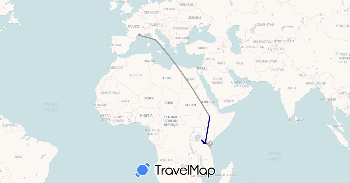 TravelMap itinerary: driving, plane, train in Tanzania (Africa)